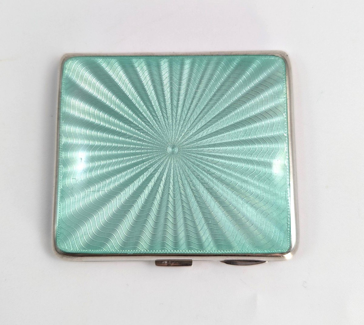 Sterling Silver Cigarette Case With Turquoise Sunburst Enamel Guilloche