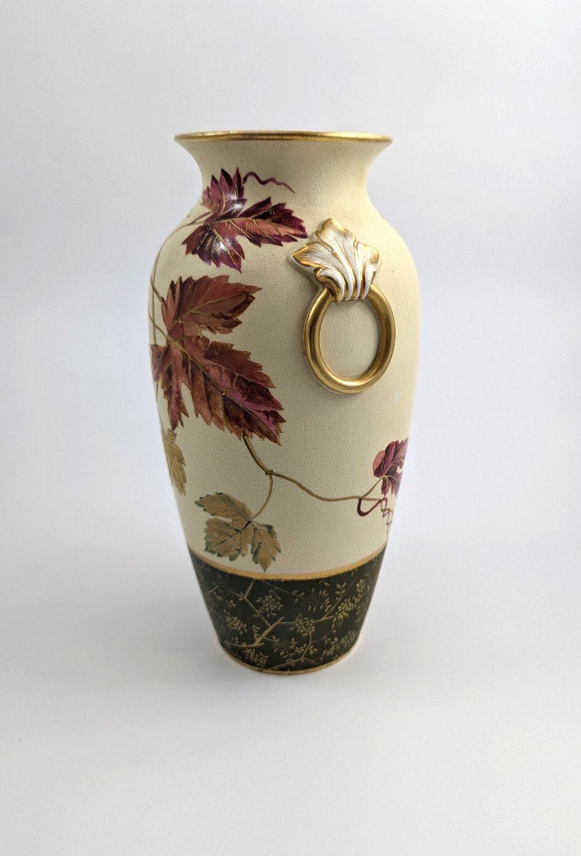 Antique Wedgwood Ivory Vellum Vase Painted With Hop Leaves And Cones, C. 1880-photo-4