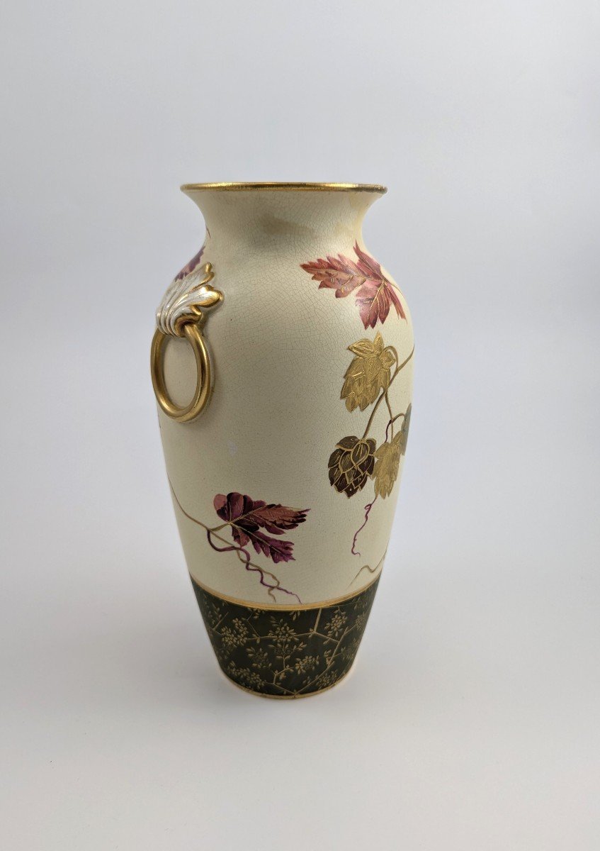 Antique Wedgwood Ivory Vellum Vase Painted With Hop Leaves And Cones, C. 1880-photo-1