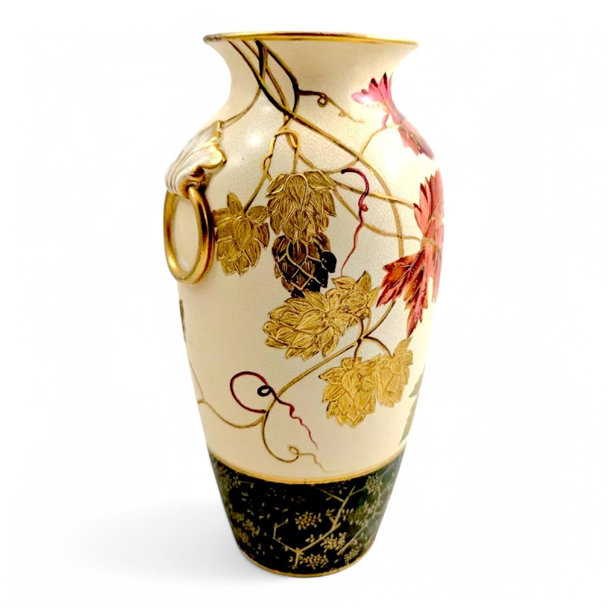 Antique Wedgwood Ivory Vellum Vase Painted With Hop Leaves And Cones, C. 1880