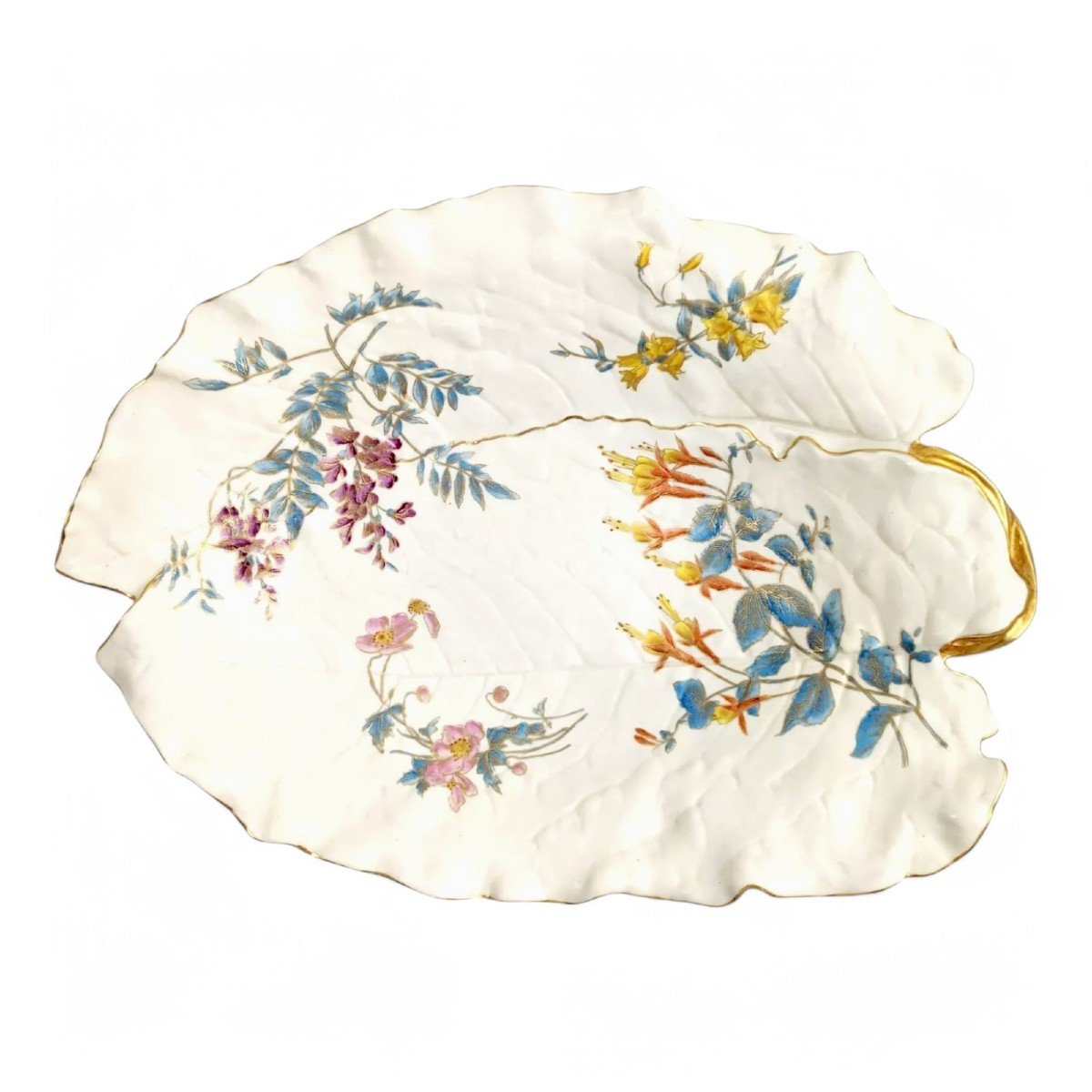 Plat à Feuilles Florales En Porcelaine Peinte à La Main Et Dorée De Royal Worcester, 1887