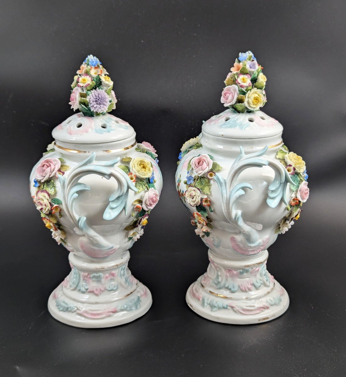 Sitzendorf Porcelain Potpourri Vases, Dresden, C. 1885-photo-2