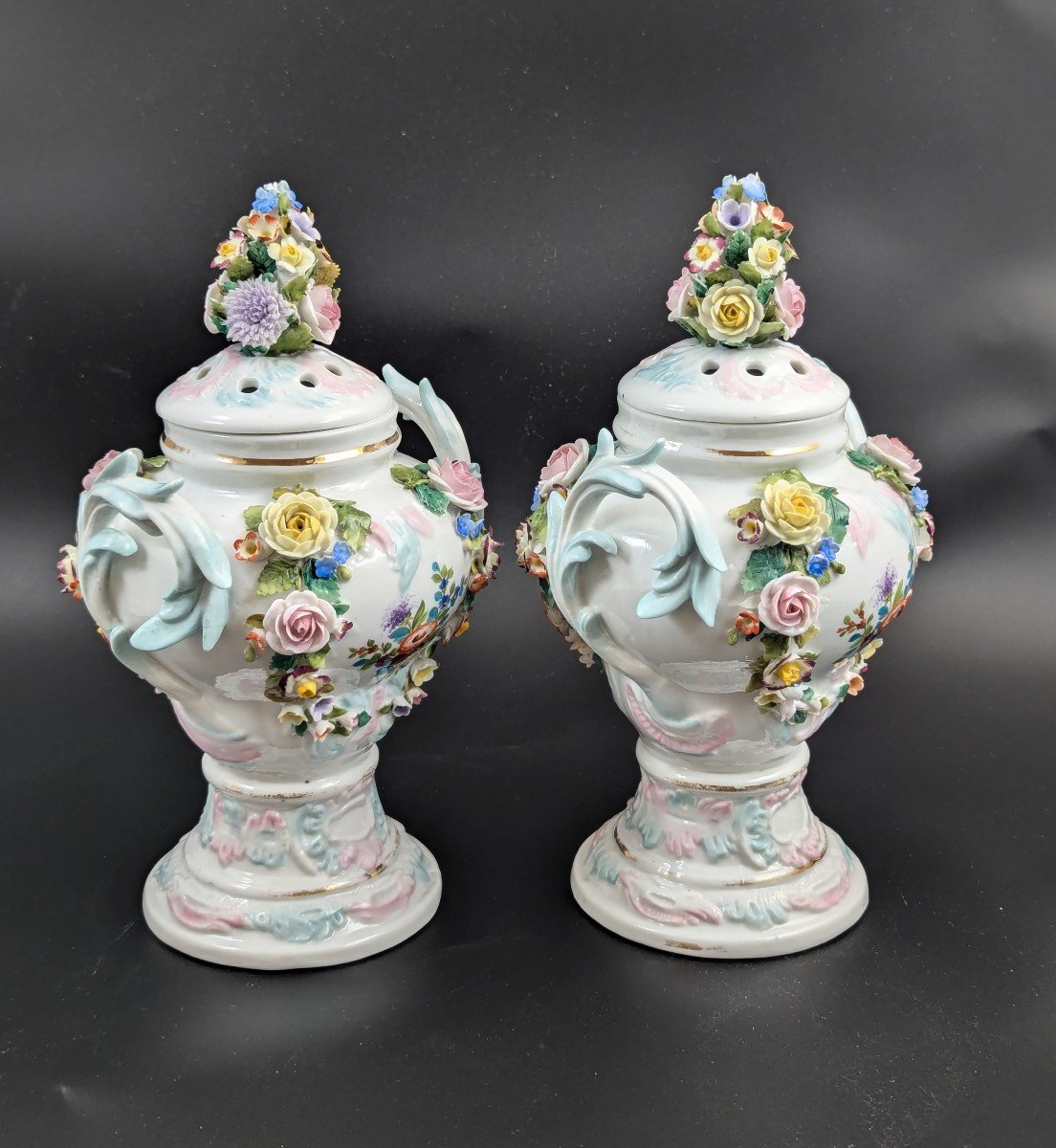 Sitzendorf Porcelain Potpourri Vases, Dresden, C. 1885-photo-3