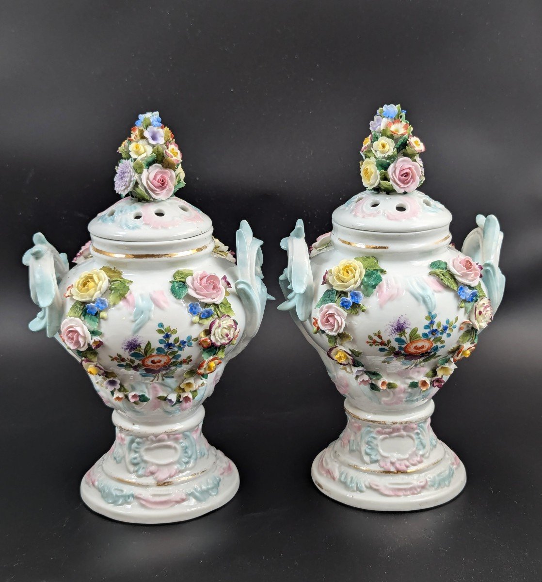 Sitzendorf Porcelain Potpourri Vases, Dresden, C. 1885-photo-4