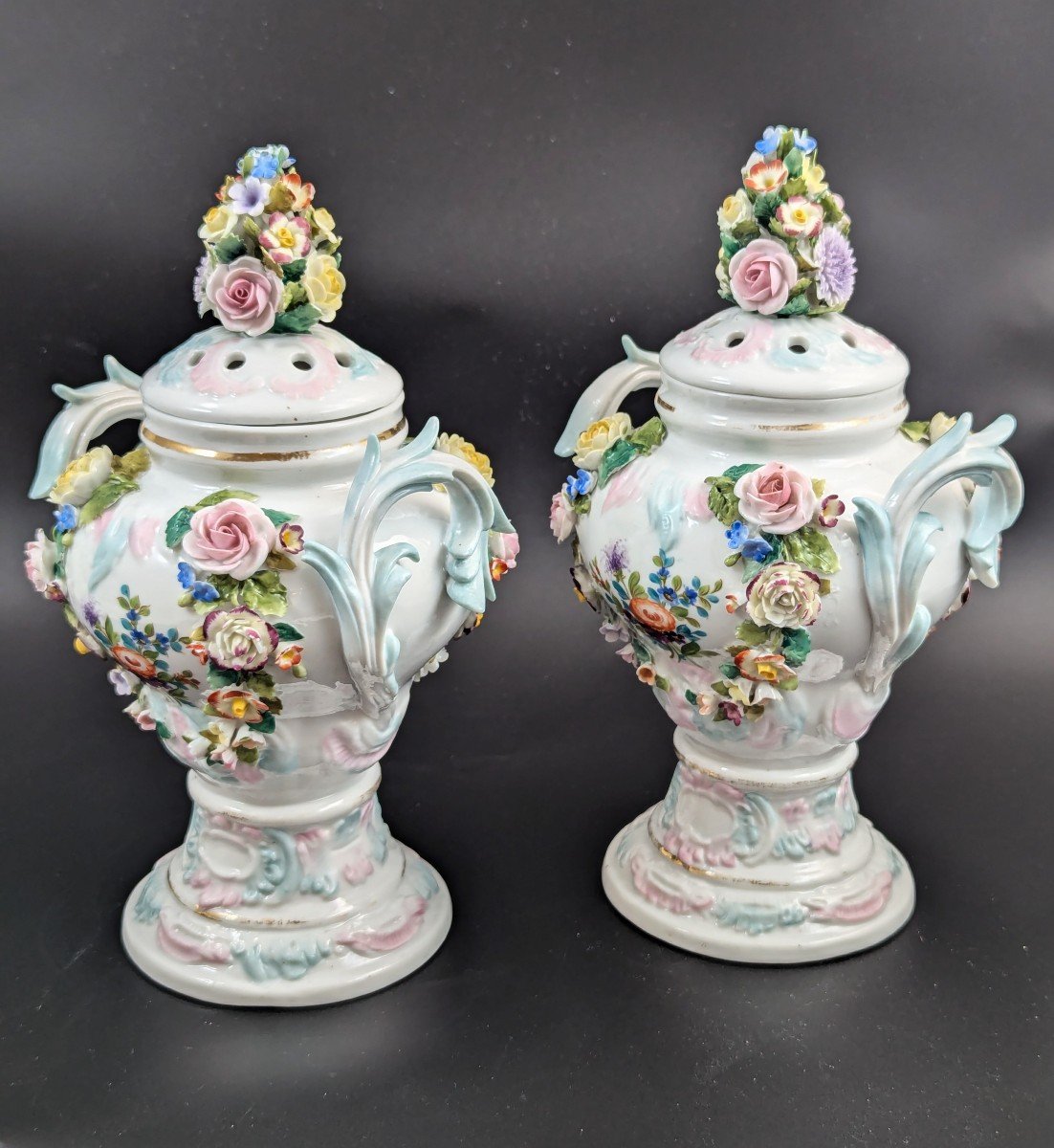 Sitzendorf Porcelain Potpourri Vases, Dresden, C. 1885-photo-1