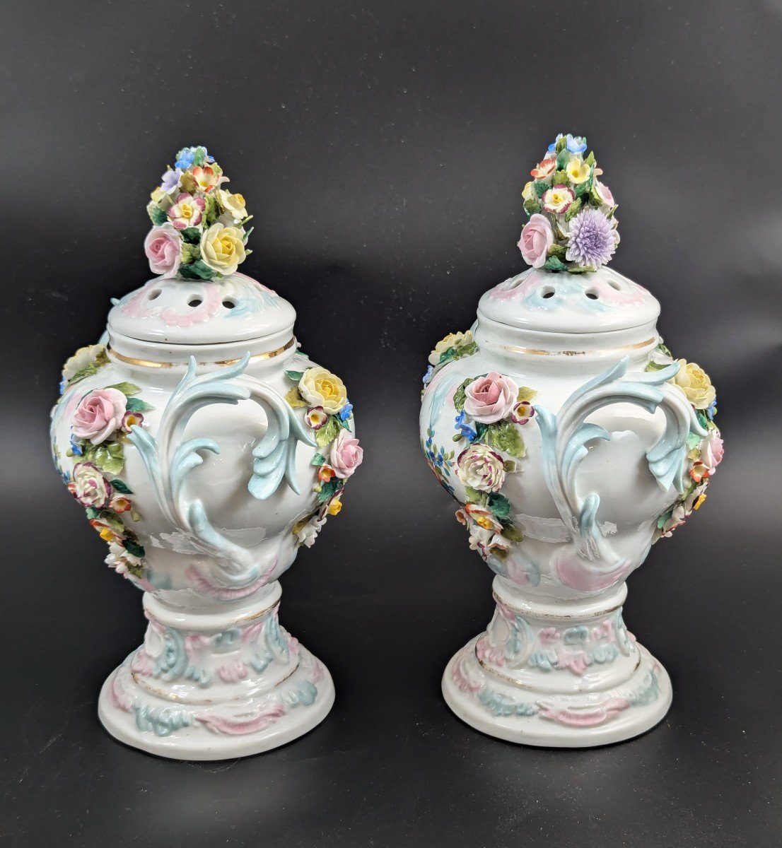 Sitzendorf Porcelain Potpourri Vases, Dresden, C. 1885-photo-2