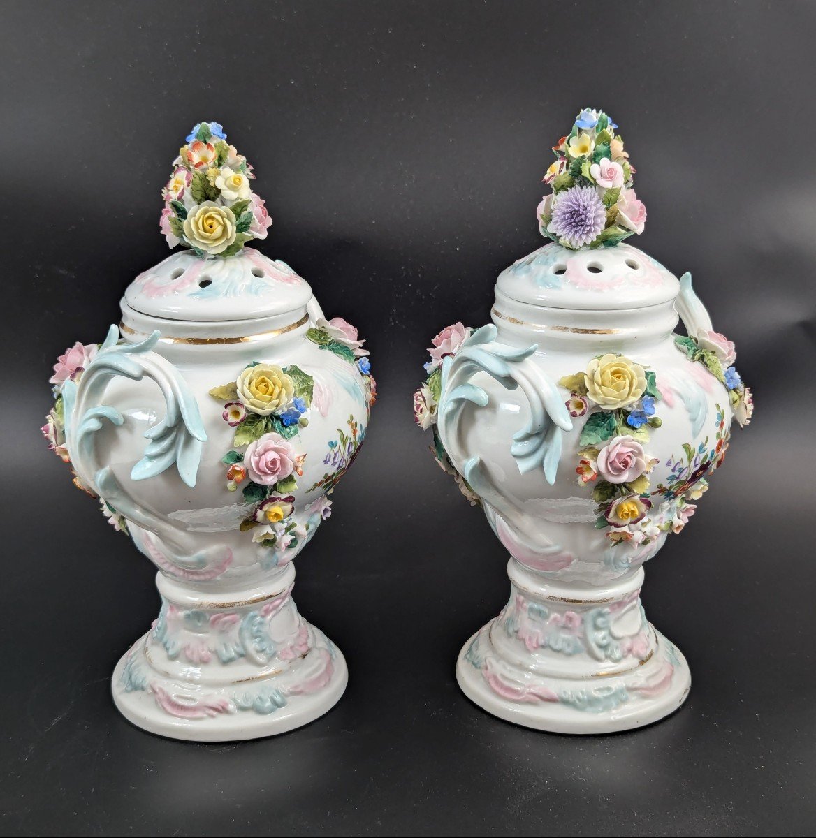 Sitzendorf Porcelain Potpourri Vases, Dresden, C. 1885-photo-3