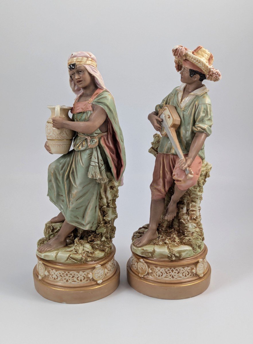 Anciennes Figurines En Porcelaine Royal Dux Bohemia Représentant Un Garçon Et Une Fille Tzigane-photo-2