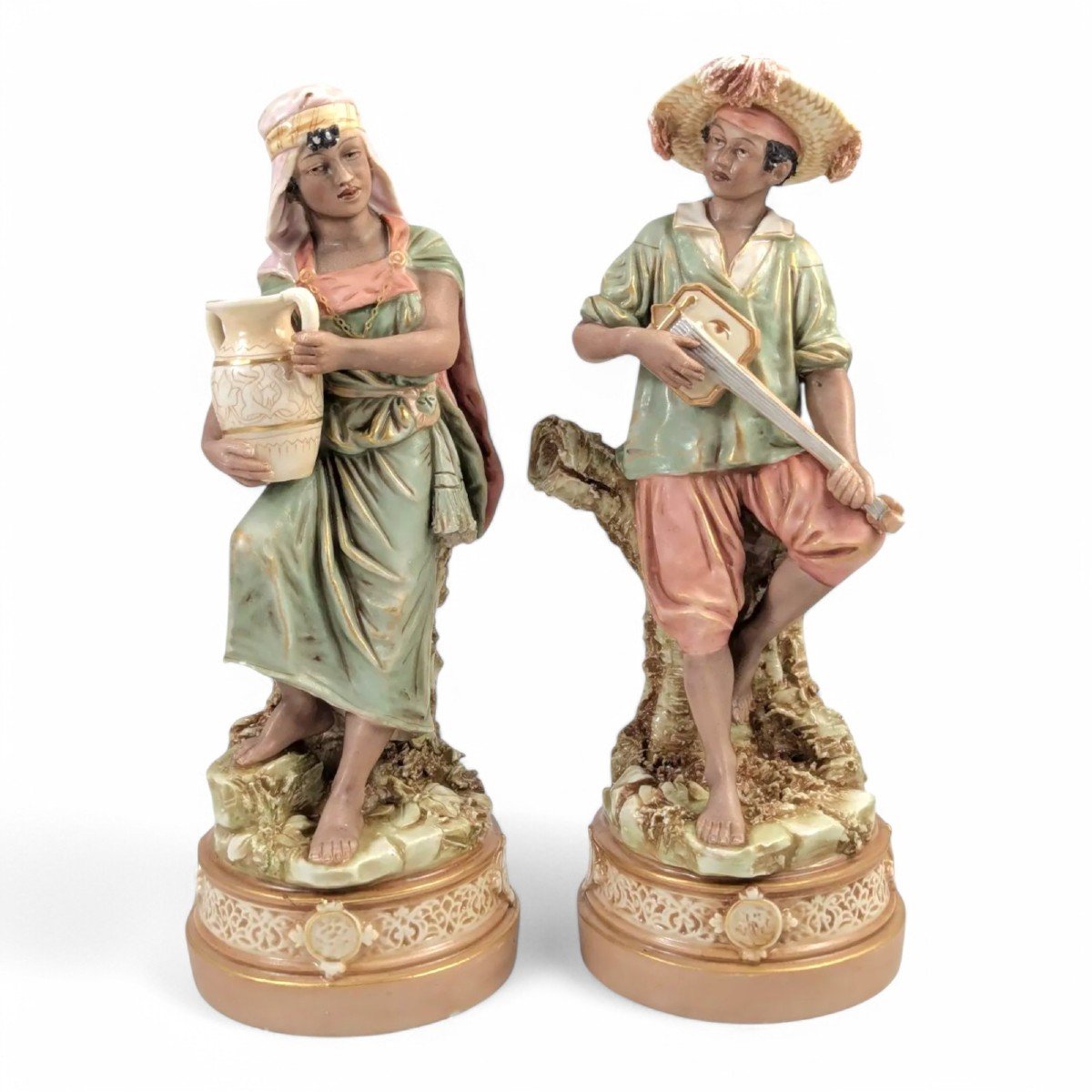 Antique Royal Dux Bohemia Porcelain Figures Of Gypsy Boy And Girl, C. 1875