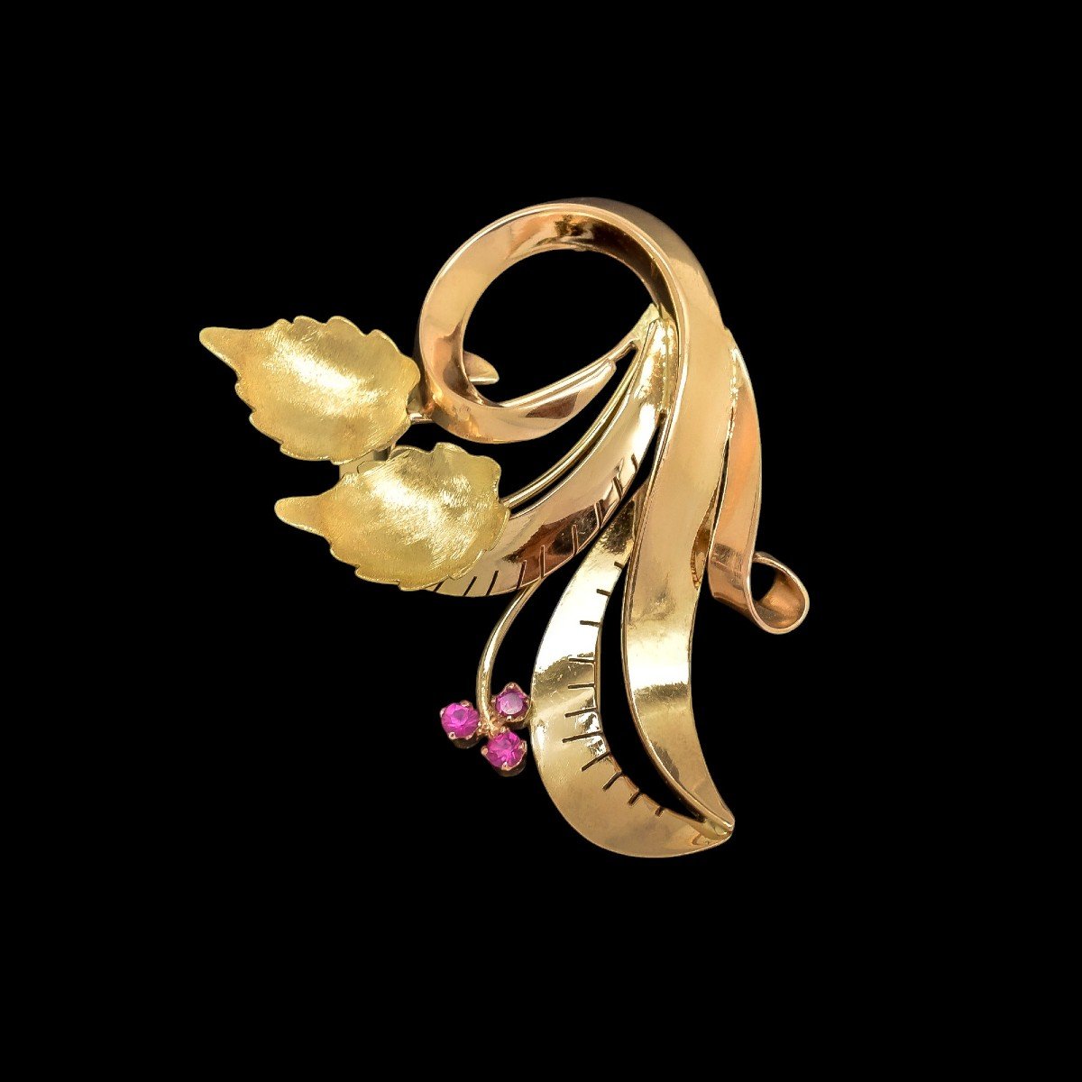 Vintage 1960's Boxed Italian Varese 18ct Gold Floral Spray Brooch Set With Pink Sapphires-photo-3