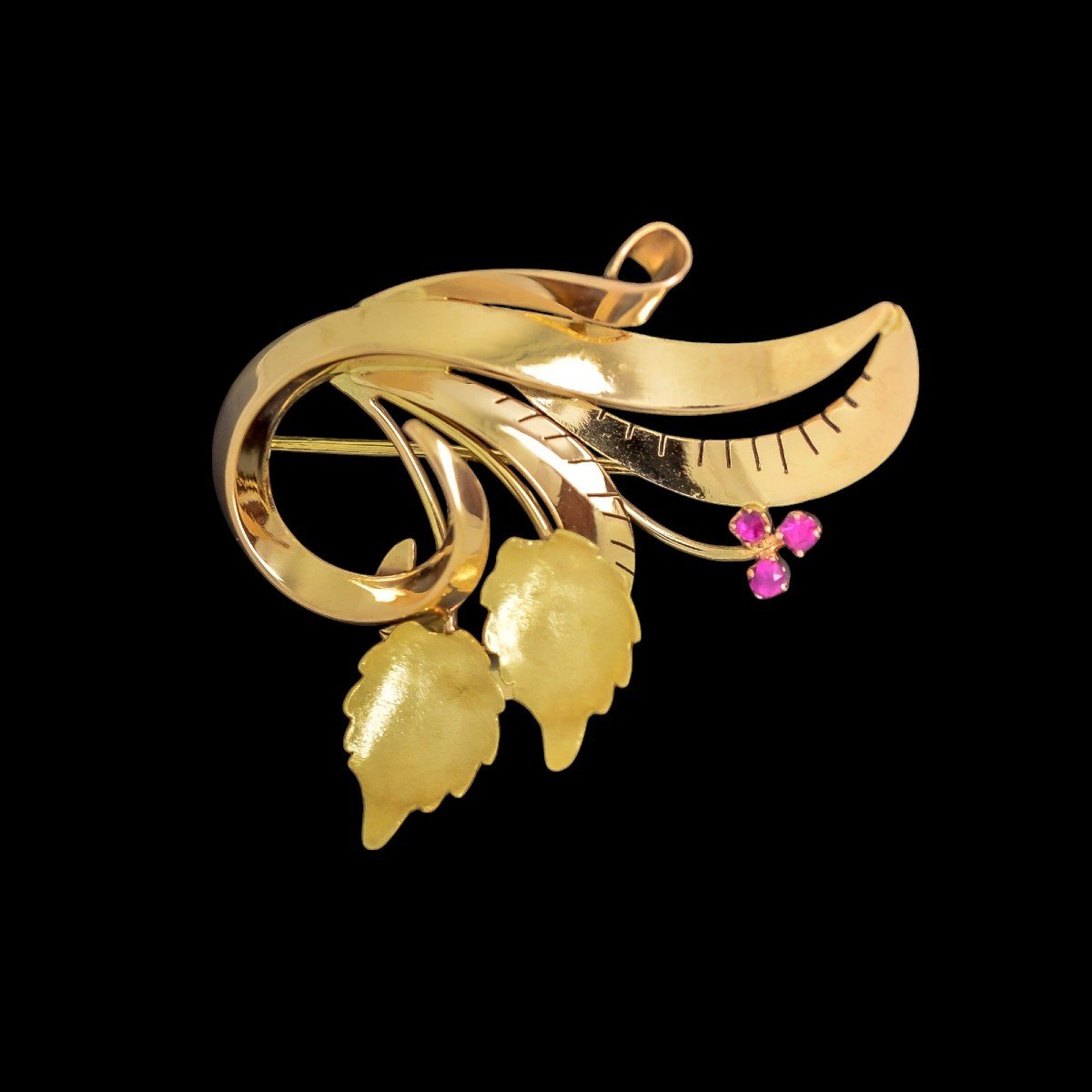 Vintage 1960's Boxed Italian Varese 18ct Gold Floral Spray Brooch Set With Pink Sapphires-photo-4