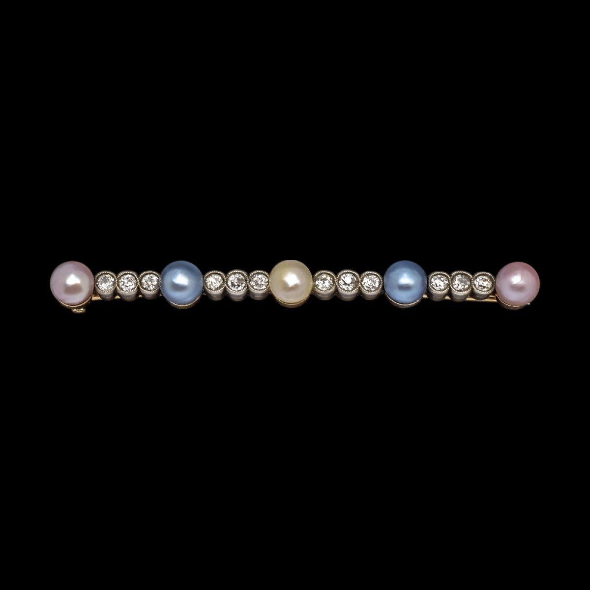 Belle époque Style 14 Kt Gold Bar Brooch; Old European Cut Diamonds, Blue And Pink Pearls-photo-2