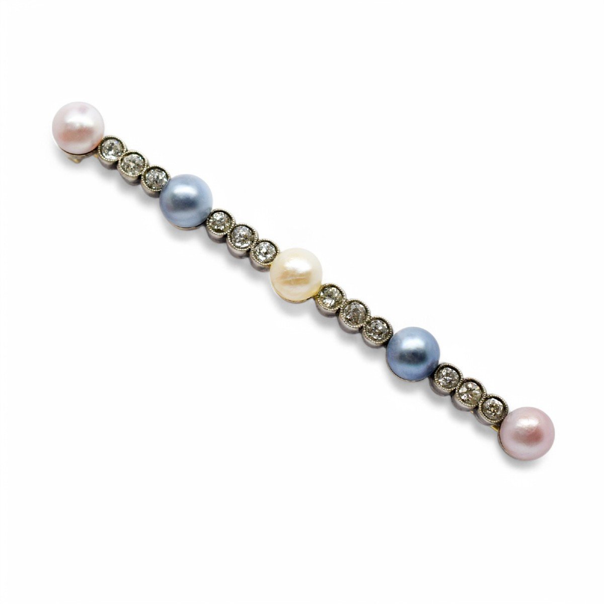 Belle époque Style 14 Kt Gold Bar Brooch; Old European Cut Diamonds, Blue And Pink Pearls-photo-3