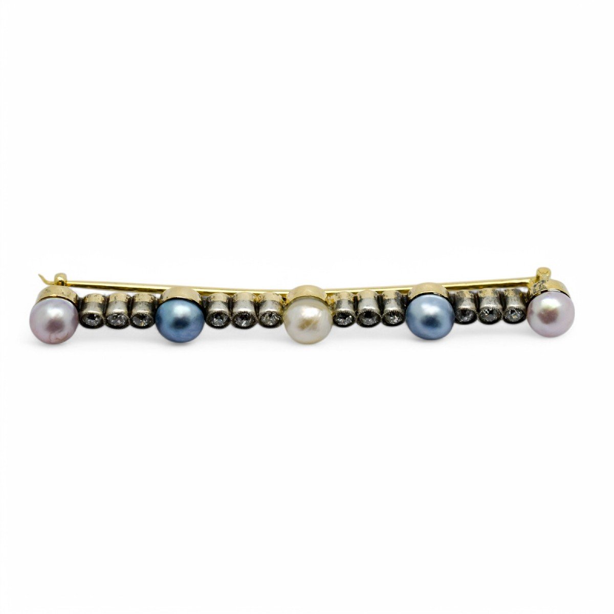 Belle époque Style 14 Kt Gold Bar Brooch; Old European Cut Diamonds, Blue And Pink Pearls-photo-4