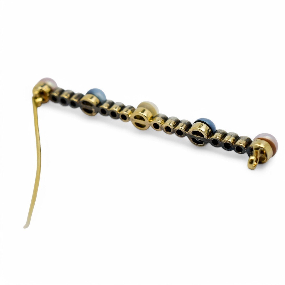 Belle époque Style 14 Kt Gold Bar Brooch; Old European Cut Diamonds, Blue And Pink Pearls-photo-4