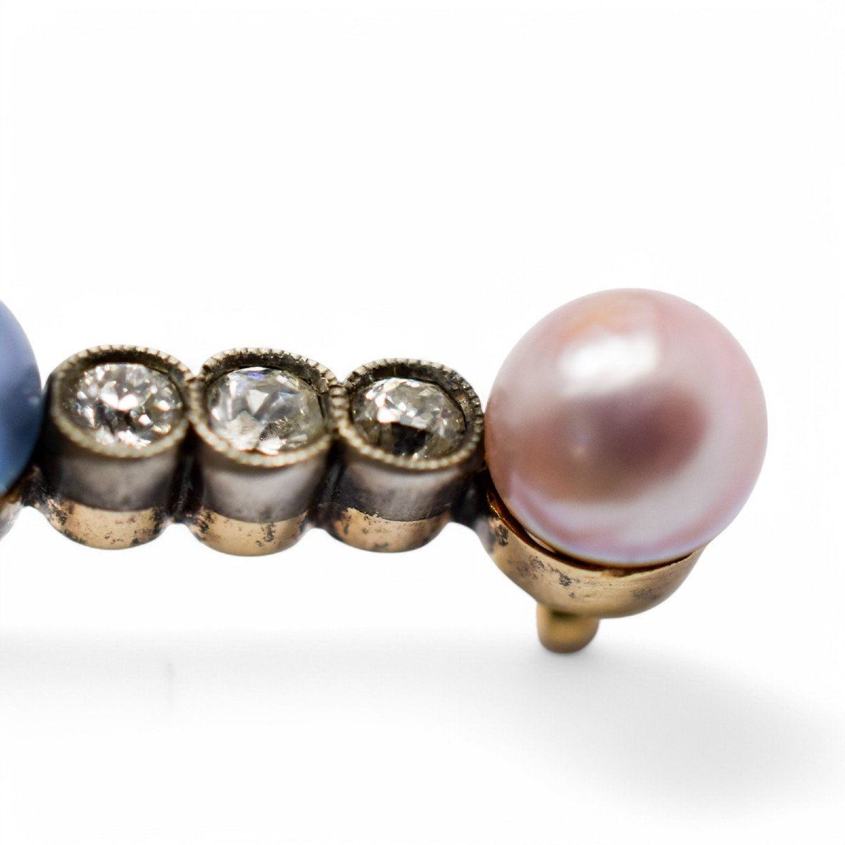 Belle époque Style 14 Kt Gold Bar Brooch; Old European Cut Diamonds, Blue And Pink Pearls-photo-7