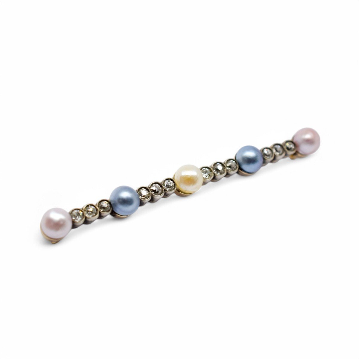 Belle époque Style 14 Kt Gold Bar Brooch; Old European Cut Diamonds, Blue And Pink Pearls