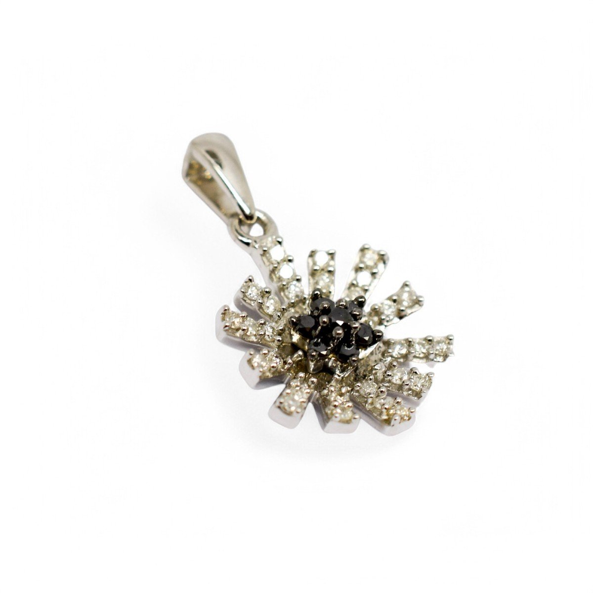 Vintage 9ct White Gold Daisy Pendant With Black And White Diamonds-photo-2