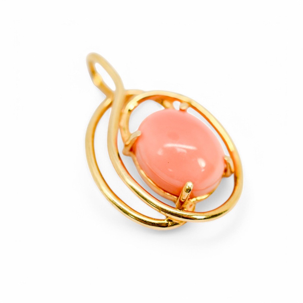 Vintage 14ct Gold Pendant With Oval Cabochon Coral And Openwork Frame-photo-2