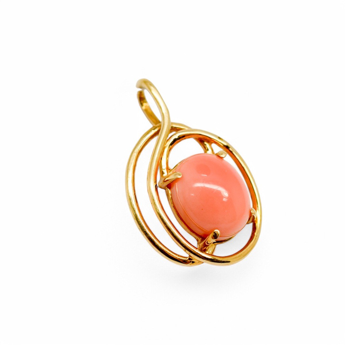 Vintage 14ct Gold Pendant With Oval Cabochon Coral And Openwork Frame-photo-3