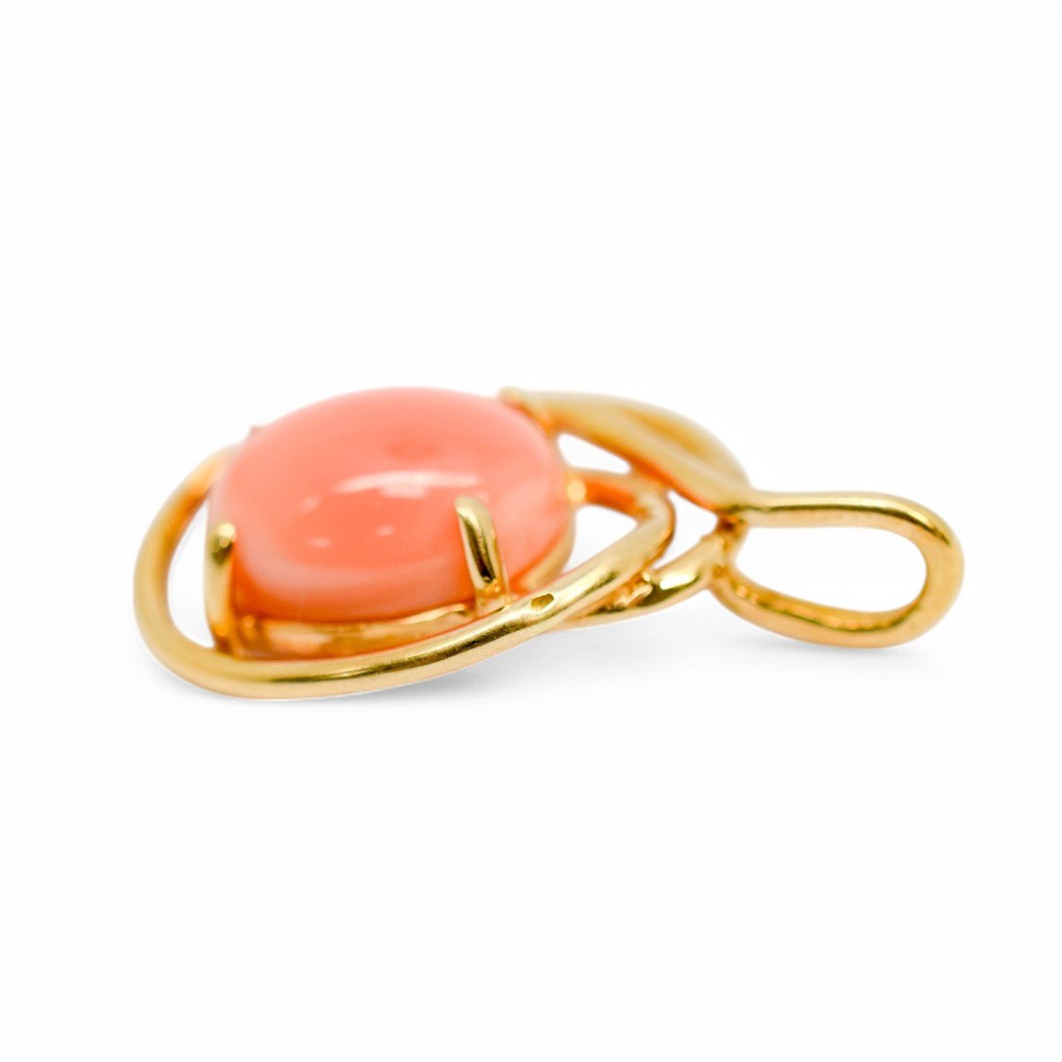 Vintage 14ct Gold Pendant With Oval Cabochon Coral And Openwork Frame-photo-4