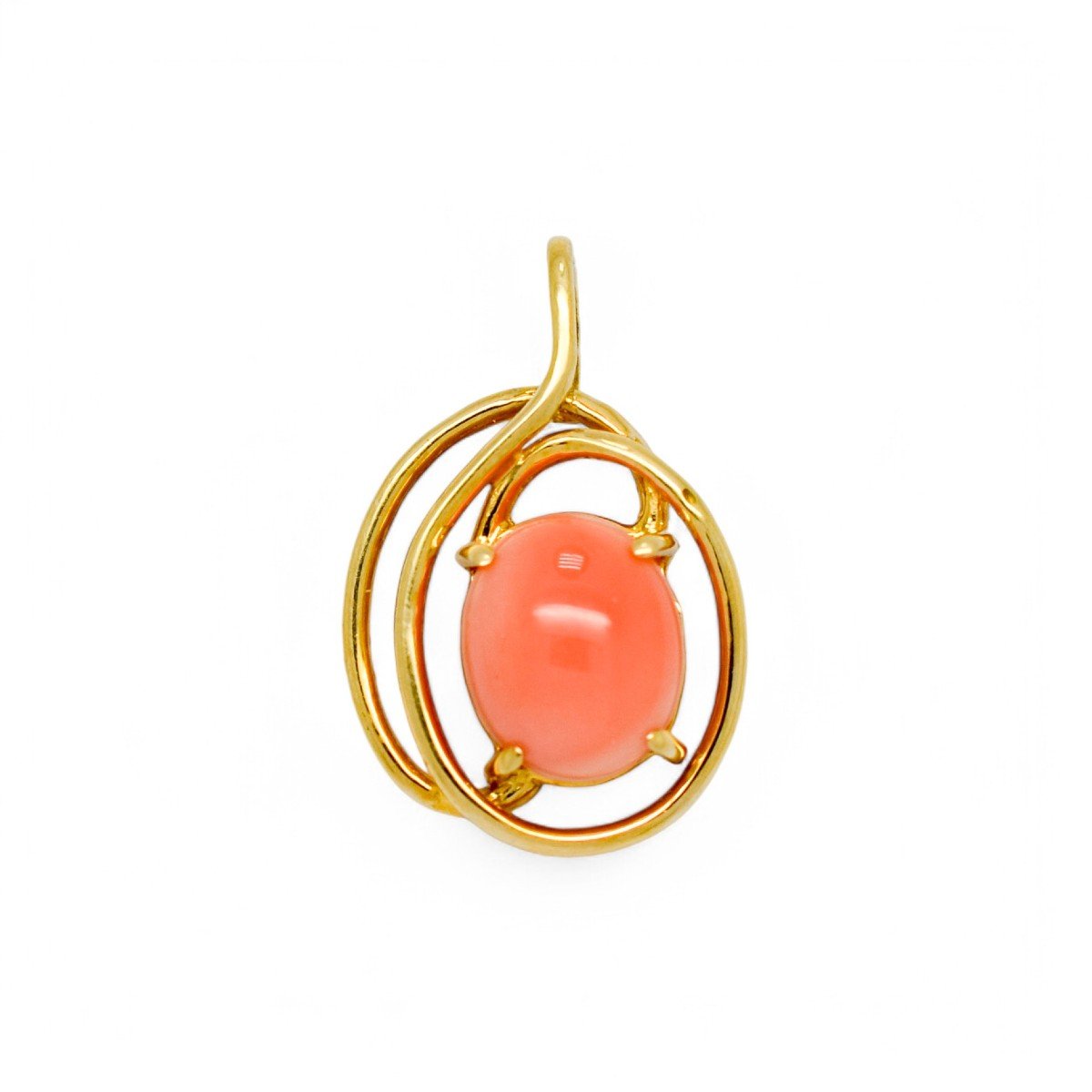 Vintage 14ct Gold Pendant With Oval Cabochon Coral And Openwork Frame-photo-1