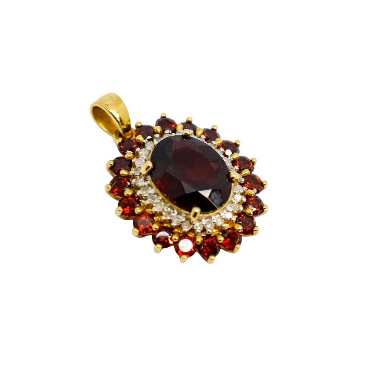 Vintage 9ct Gold Pendant With Oval Garnet, Diamond Halo, And Garnet Cluster-photo-2