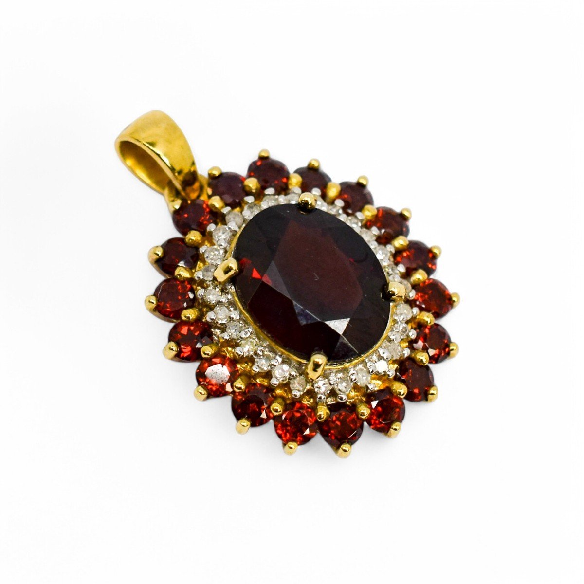 Vintage 9ct Gold Pendant With Oval Garnet, Diamond Halo, And Garnet Cluster-photo-4