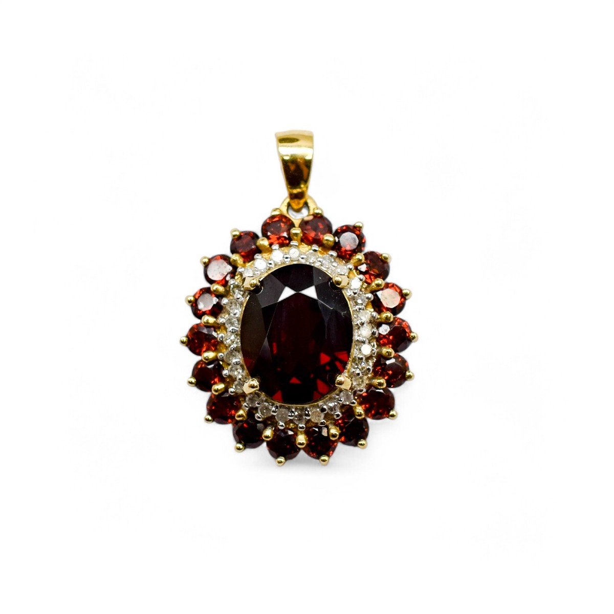 Vintage 9ct Gold Pendant With Oval Garnet, Diamond Halo, And Garnet Cluster