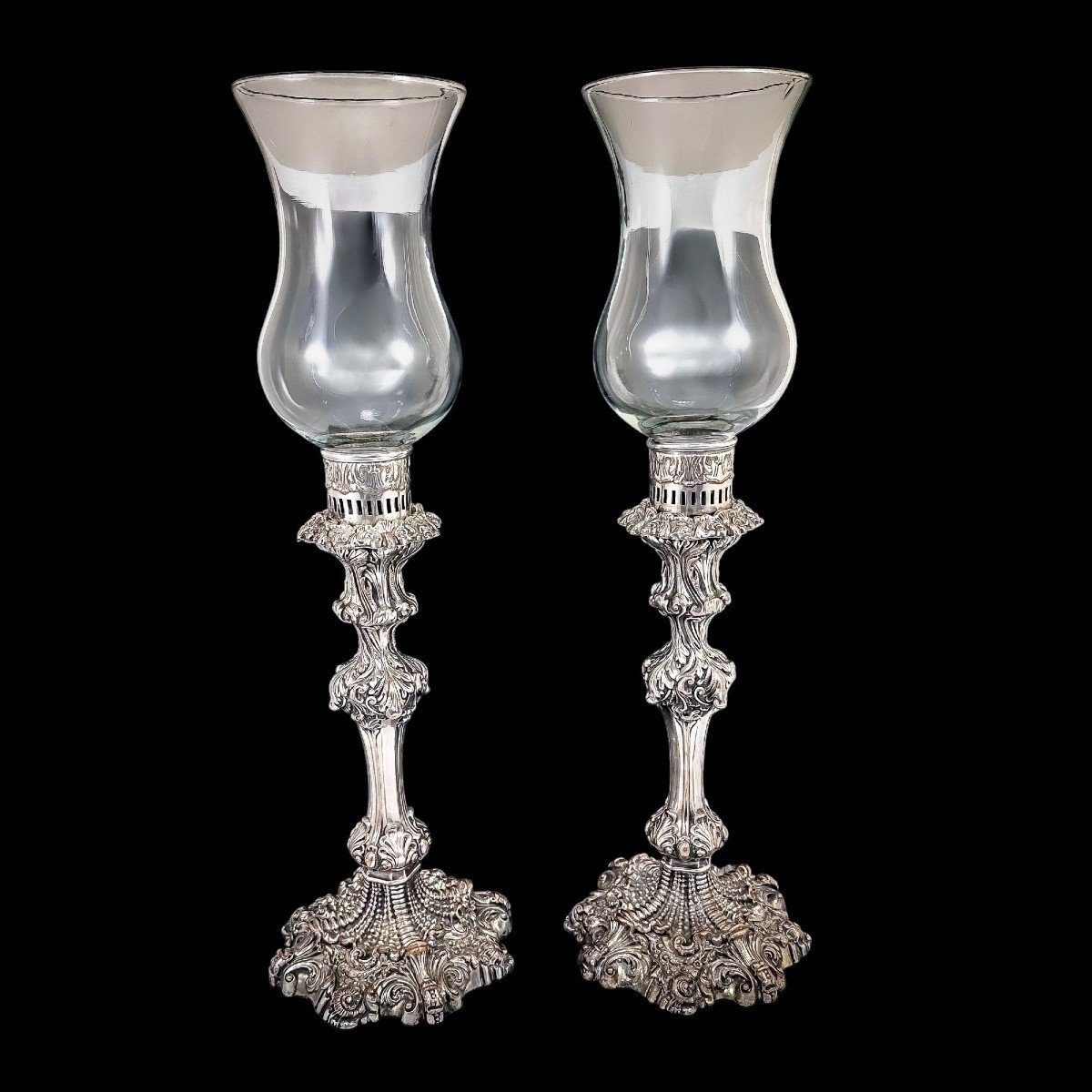 Antique 1790's Old Sheffield Plate Tall Candlesticks With Hurricane Glass Shades-photo-4