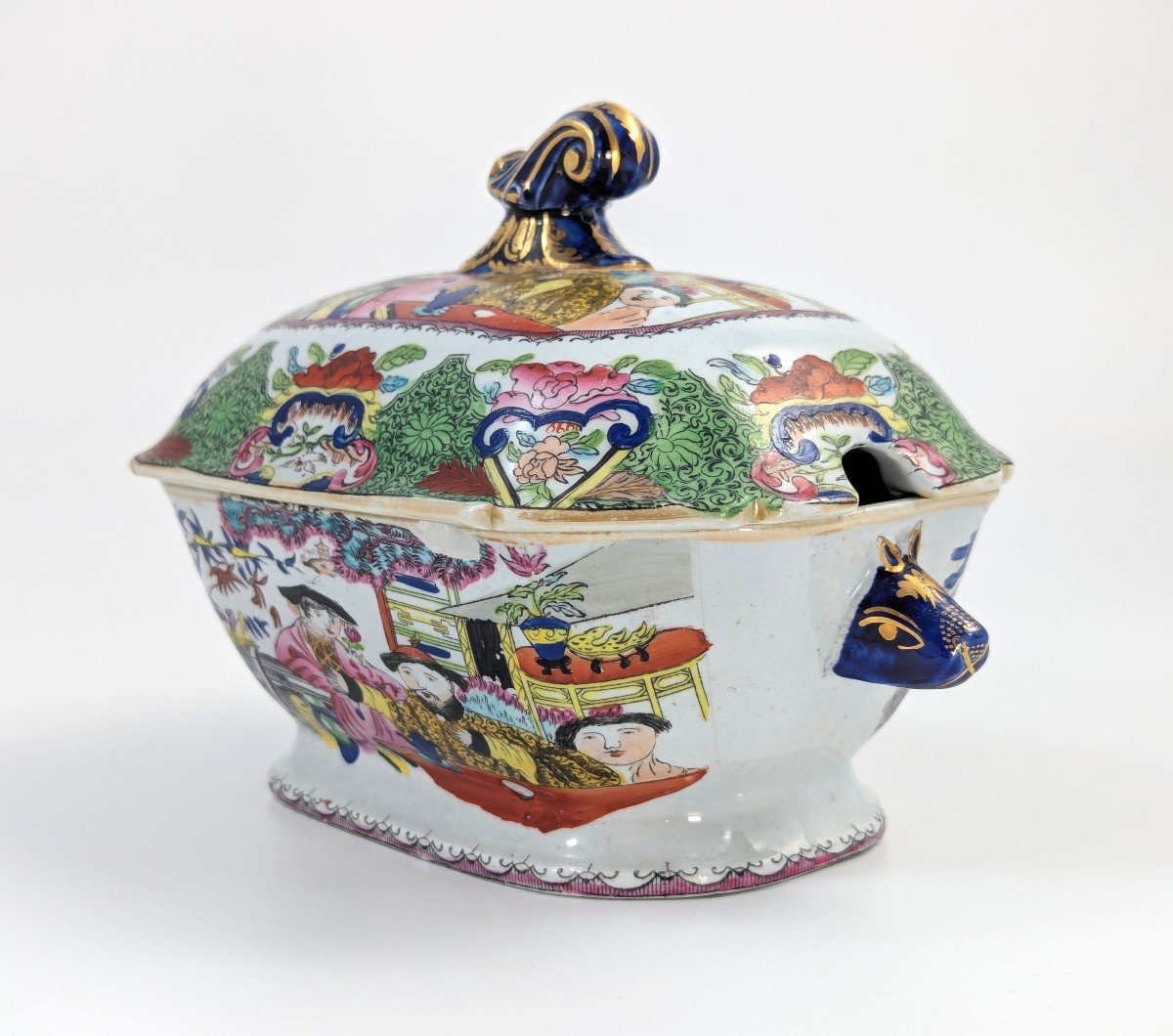 Extremely Rare Mason's Ironstone Tureen In Green Mandarin Pattern, C. 1815-photo-2