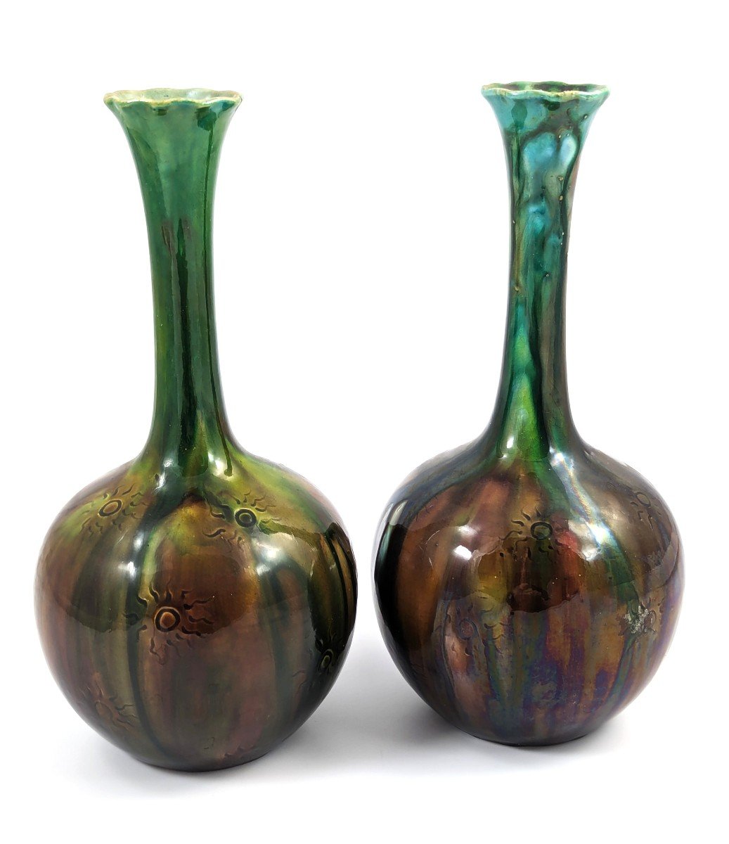 Rares Vases Bouteille Burmantofts En Faïence à Rayons De Soleil, Vers 1880-photo-4