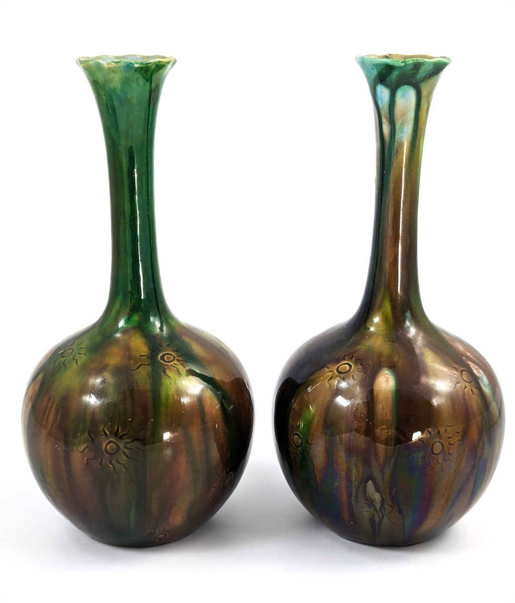 Rares Vases Bouteille Burmantofts En Faïence à Rayons De Soleil, Vers 1880