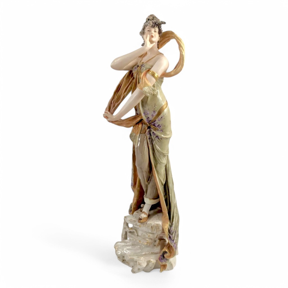 Ernst Wahliss Art Nouveau, grande figurine en porcelaine « Femme au foulard », 43cm