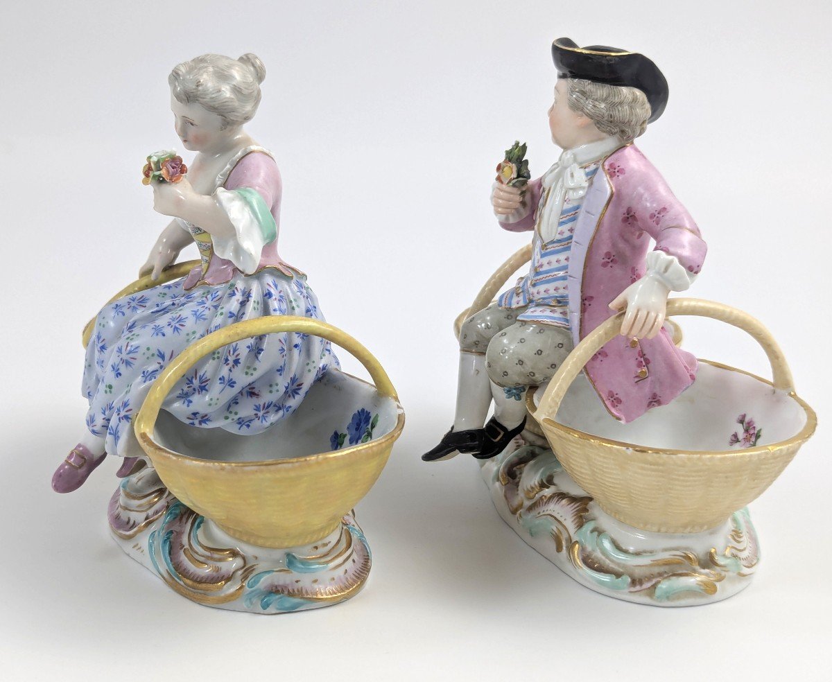 Meissen Antique Porcelain Pair Of Figural Double Salt Cellars With Boy And Girl, Rococo, C 1830-photo-2