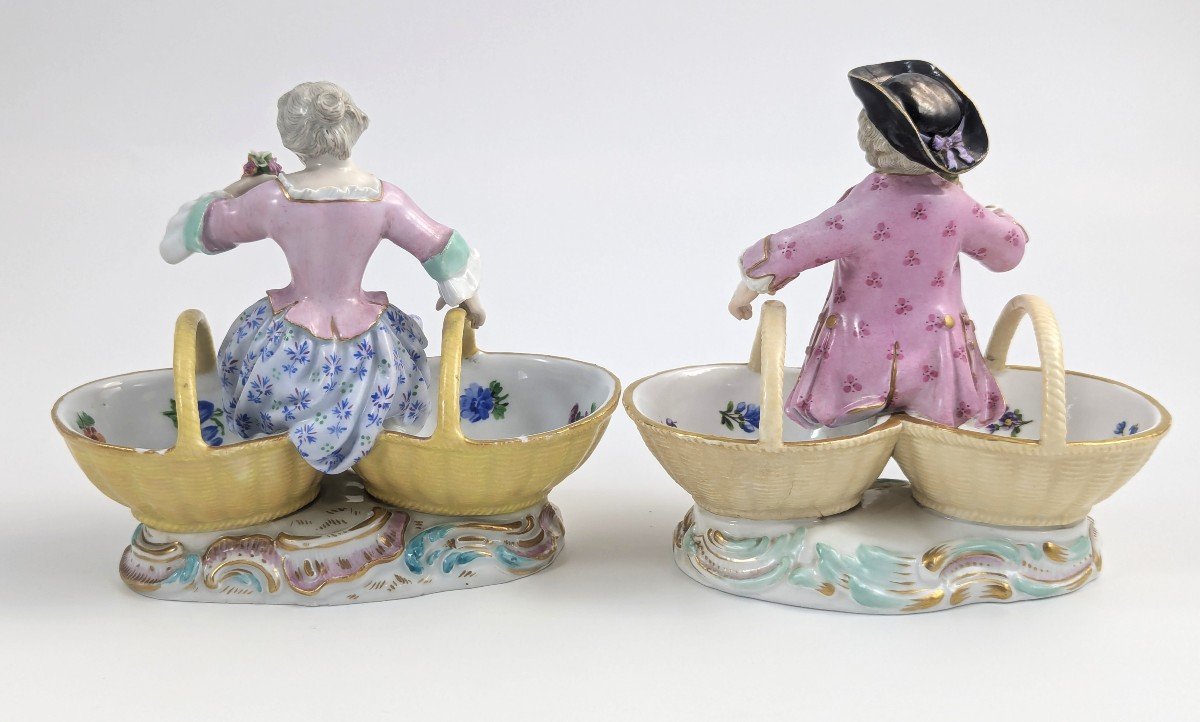 Meissen Antique Porcelain Pair Of Figural Double Salt Cellars With Boy And Girl, Rococo, C 1830-photo-4