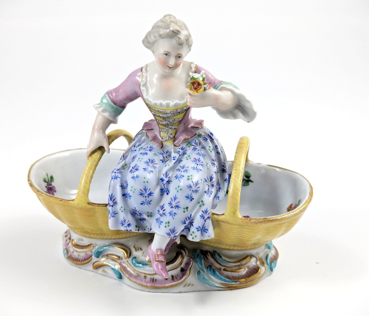 Meissen Antique Porcelain Pair Of Figural Double Salt Cellars With Boy And Girl, Rococo, C 1830-photo-5