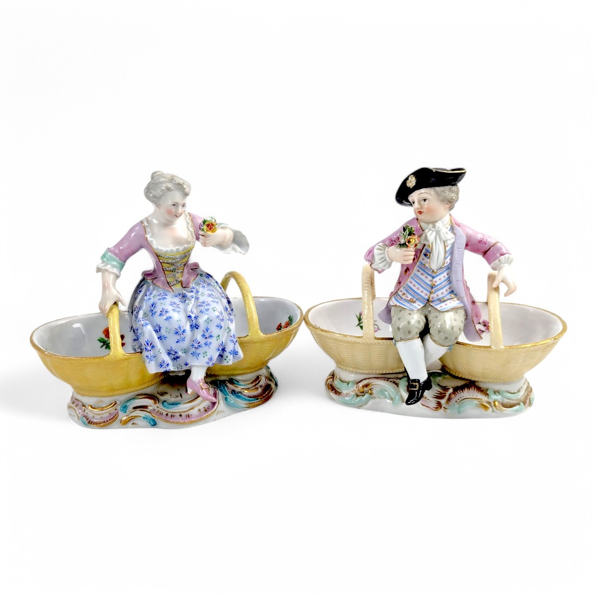 Meissen Antique Porcelain Pair Of Figural Double Salt Cellars With Boy And Girl, Rococo, C 1830