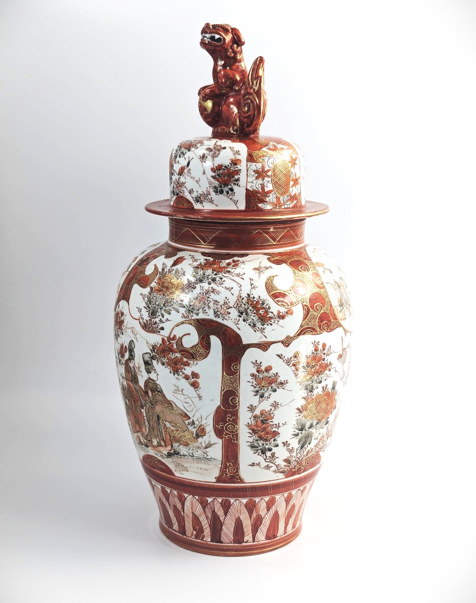 Kutani Rare Antique Porcelain Large Lidded Vase, Meiji Period, Foo Dog Lid, 42 Cm-photo-2