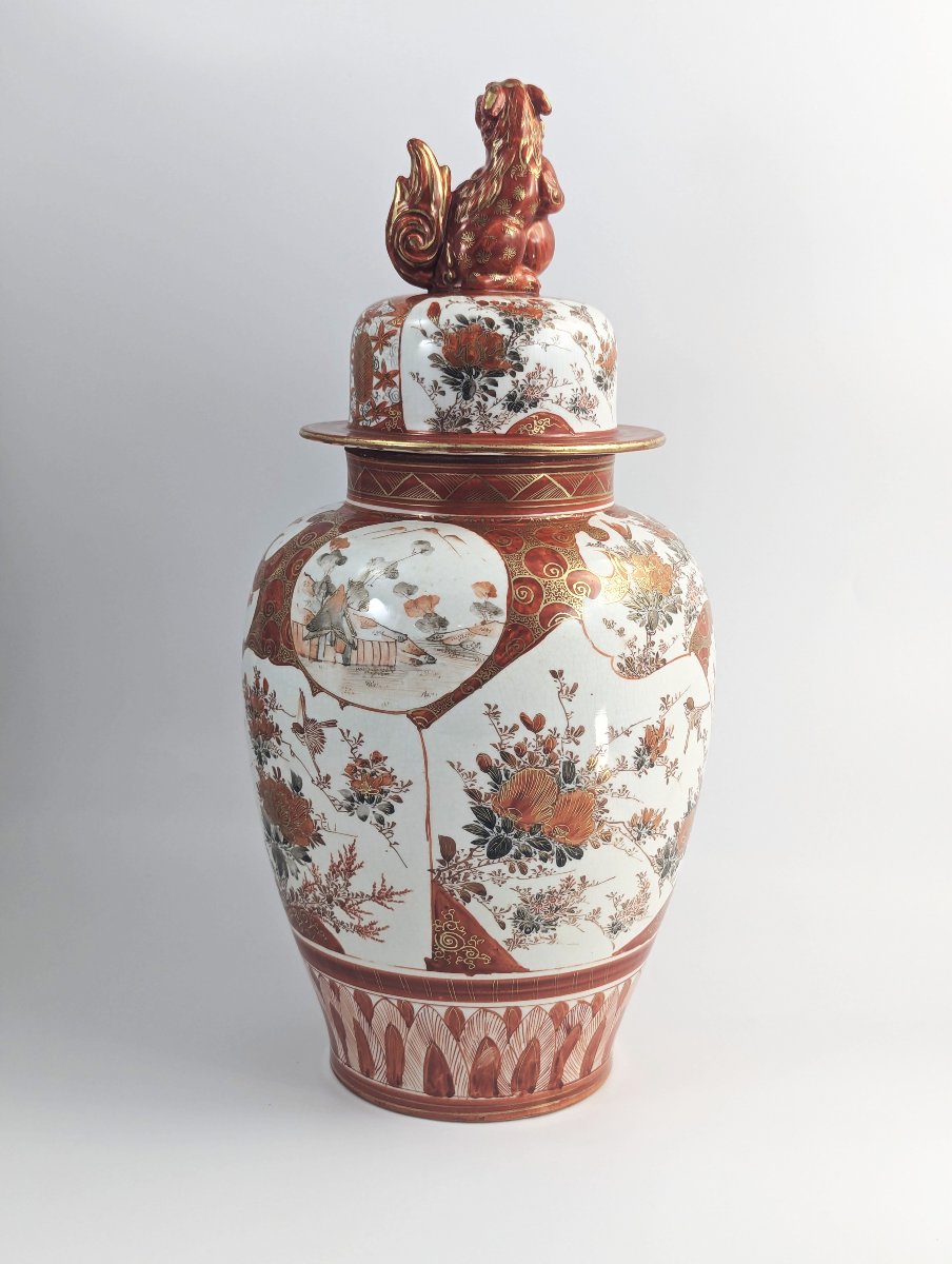 Kutani Rare Antique Porcelain Large Lidded Vase, Meiji Period, Foo Dog Lid, 42 Cm-photo-4