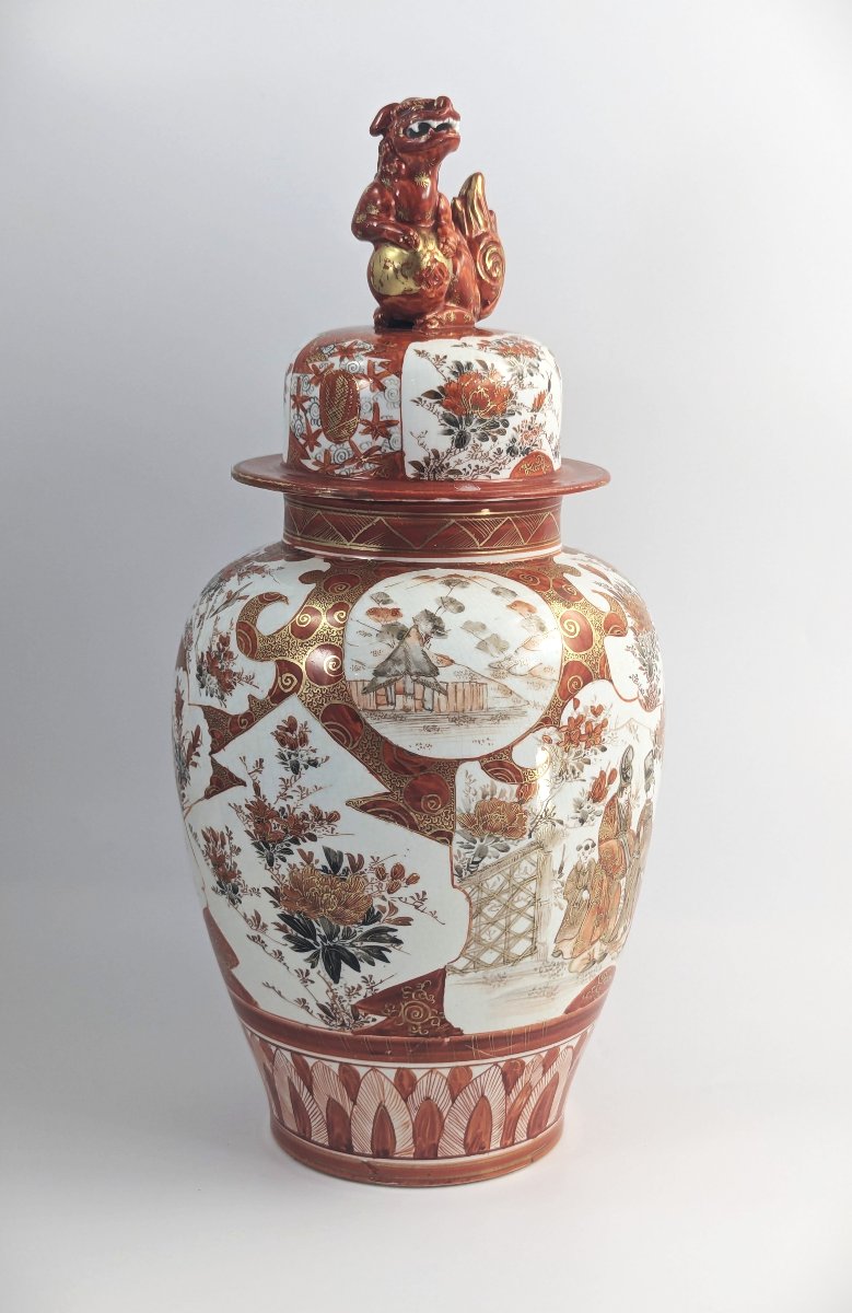 Kutani Rare Antique Porcelain Large Lidded Vase, Meiji Period, Foo Dog Lid, 42 Cm-photo-3