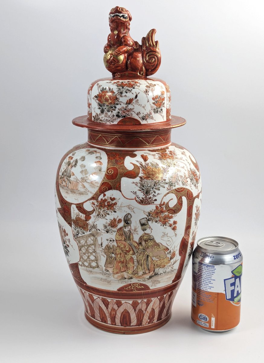 Kutani Rare Antique Porcelain Large Lidded Vase, Meiji Period, Foo Dog Lid, 42 Cm-photo-8