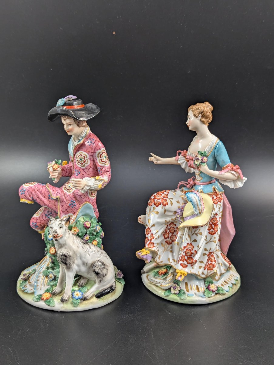 Early Chelsea Pair Of Porcelain Shepherd & Shepherdess Rococo Figurines, C. 1752-photo-4