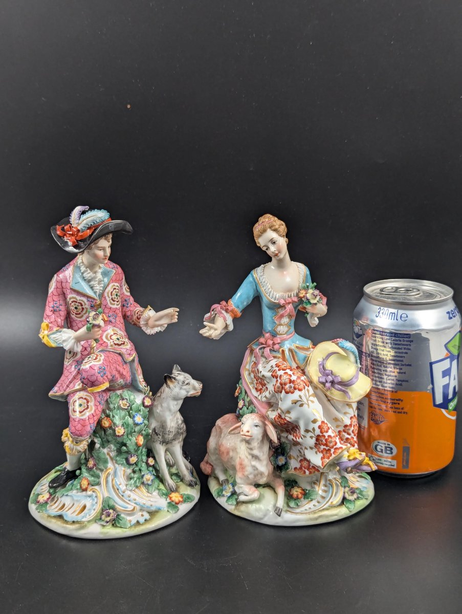 Early Chelsea Pair Of Porcelain Shepherd & Shepherdess Rococo Figurines, C. 1752-photo-1