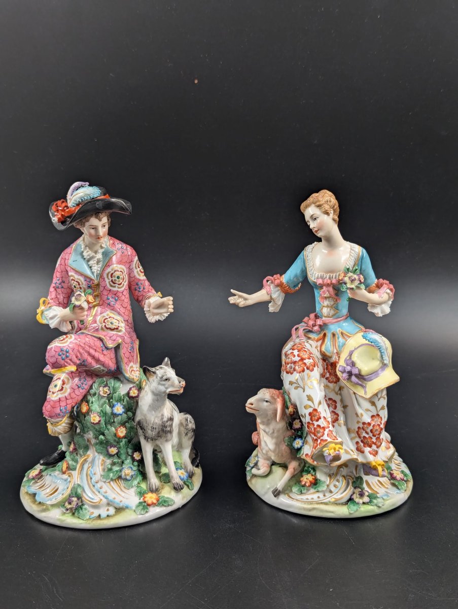 Early Chelsea Pair Of Porcelain Shepherd & Shepherdess Rococo Figurines, C. 1752-photo-2