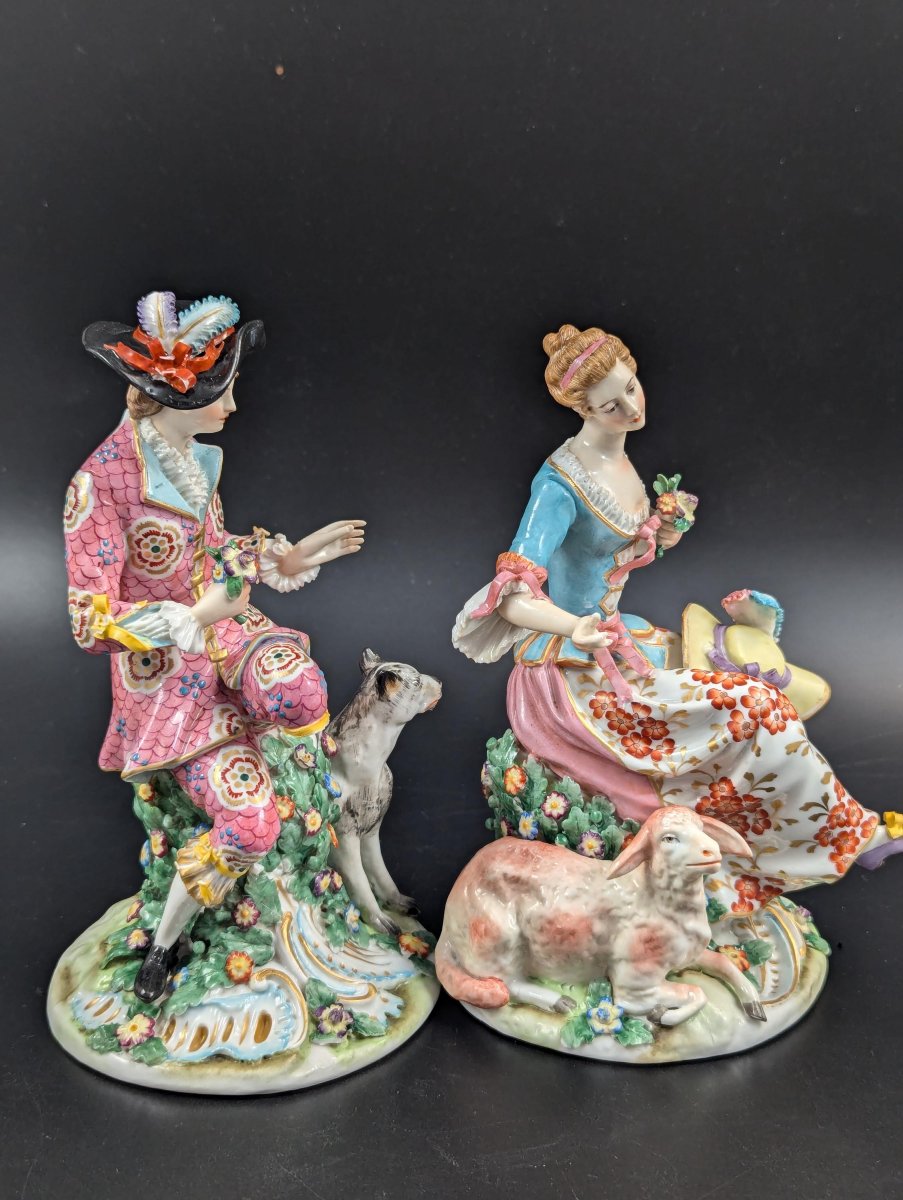 Early Chelsea Pair Of Porcelain Shepherd & Shepherdess Rococo Figurines, C. 1752-photo-5