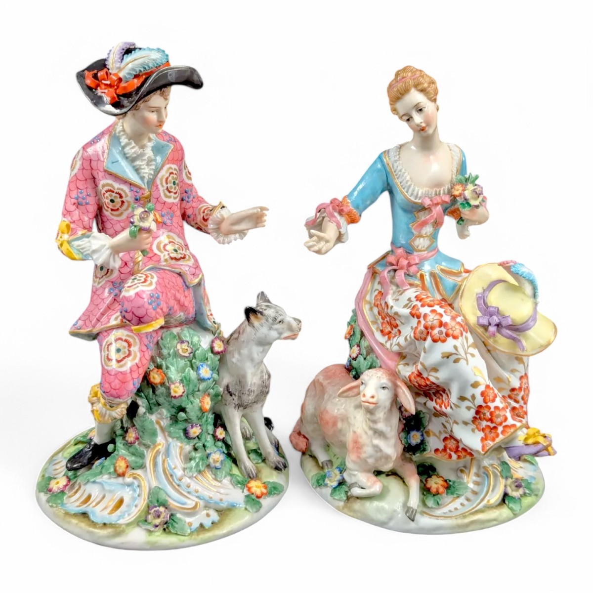 Early Chelsea Pair Of Porcelain Shepherd & Shepherdess Rococo Figurines, C. 1752