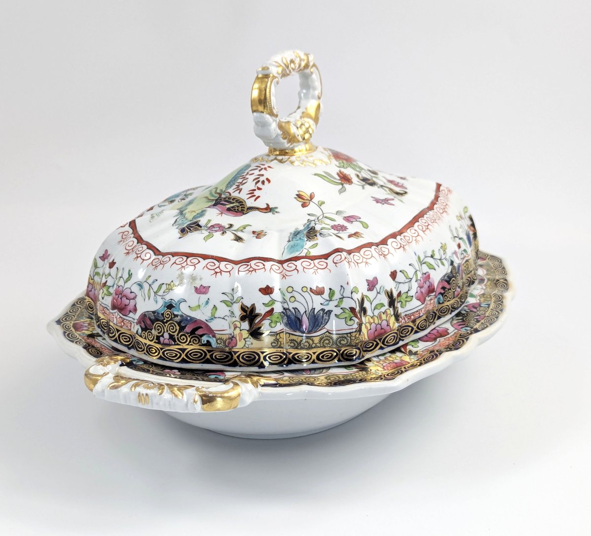 Soupière Ancienne Mason’s En Grès Ferreux, XIXe Siècle, Chinoiserie, Paons, Doré, Rare-photo-3