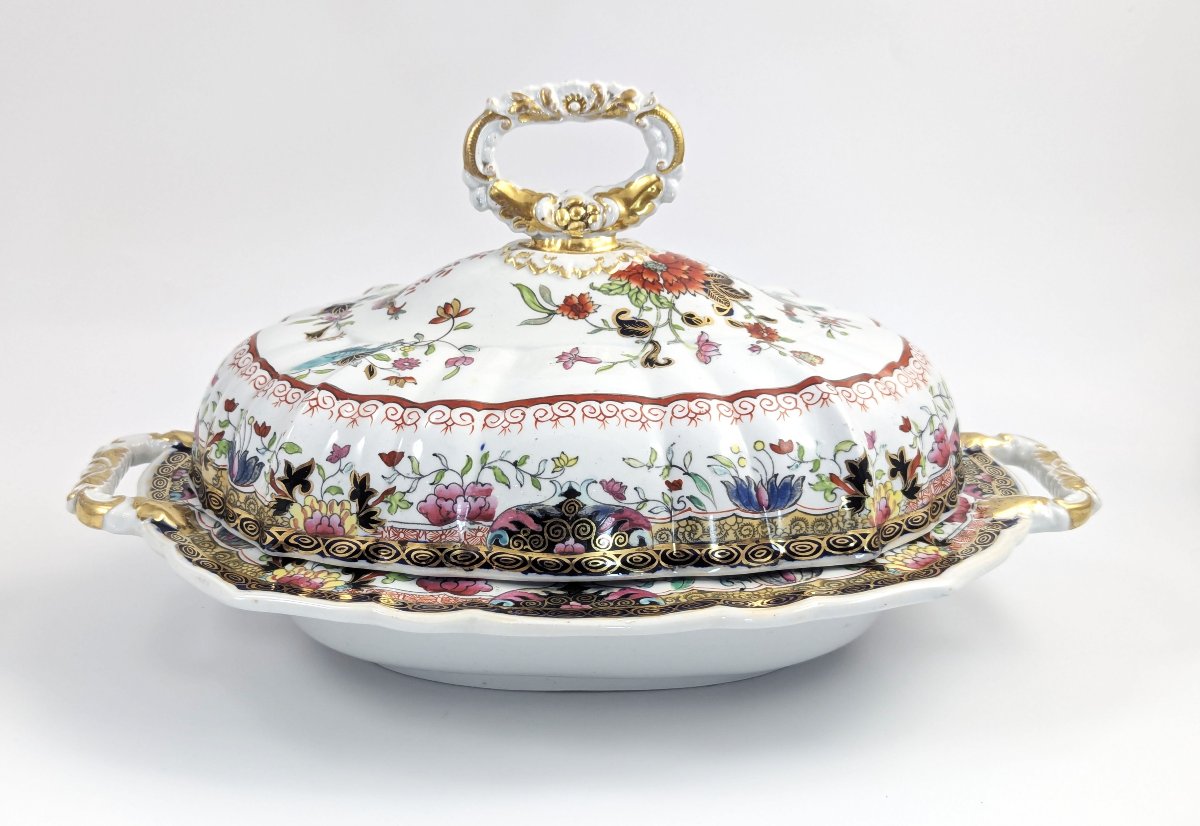 Soupière Ancienne Mason’s En Grès Ferreux, XIXe Siècle, Chinoiserie, Paons, Doré, Rare-photo-4