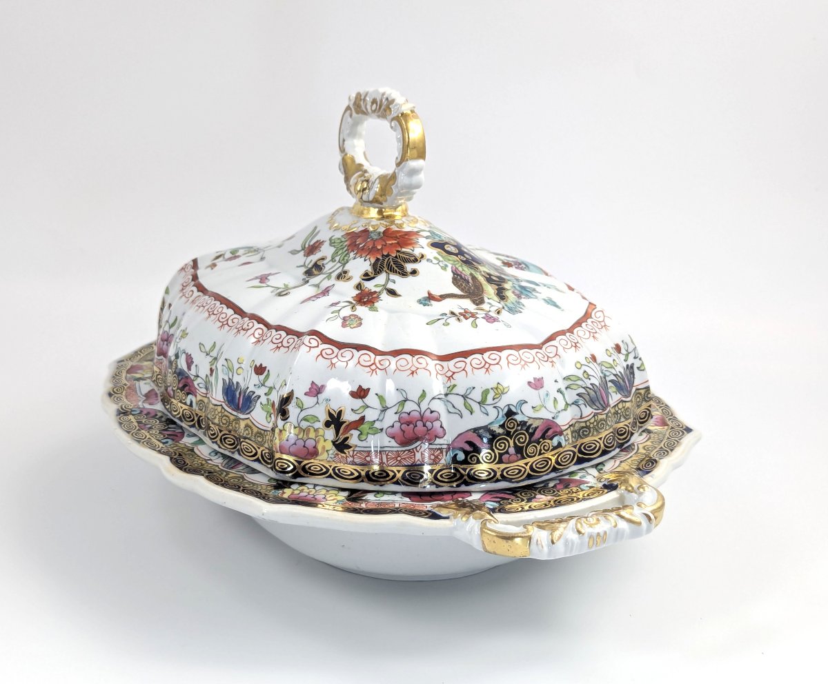 Soupière Ancienne Mason’s En Grès Ferreux, XIXe Siècle, Chinoiserie, Paons, Doré, Rare-photo-1